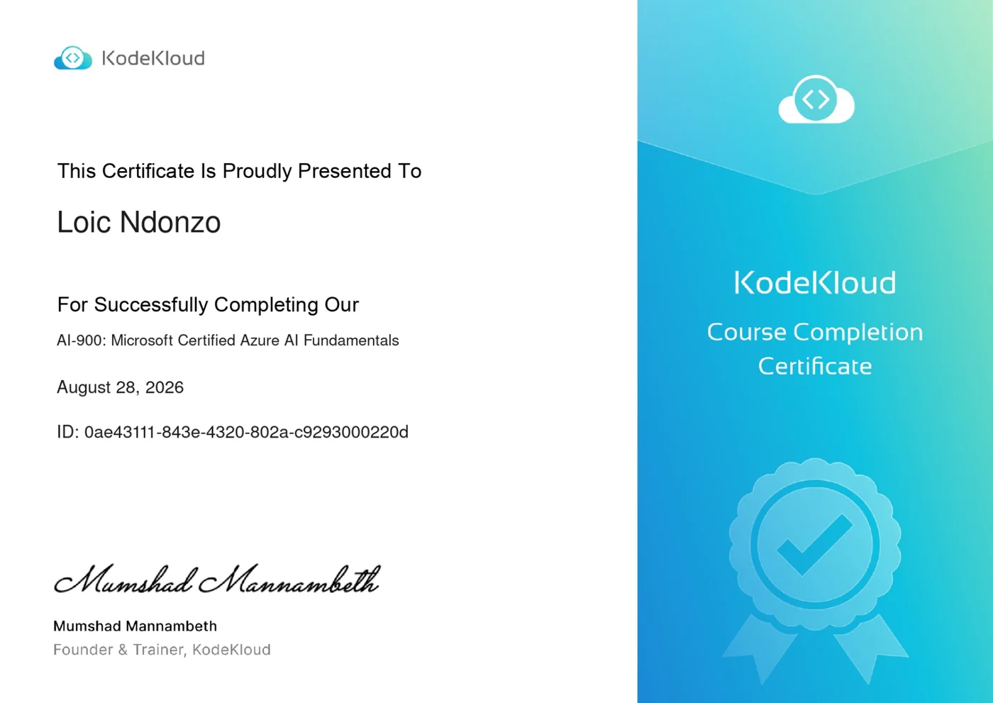 Certificate preview for AI-900: Microsoft Certified Azure AI Fundamentals, issued to Loic Ndonzo