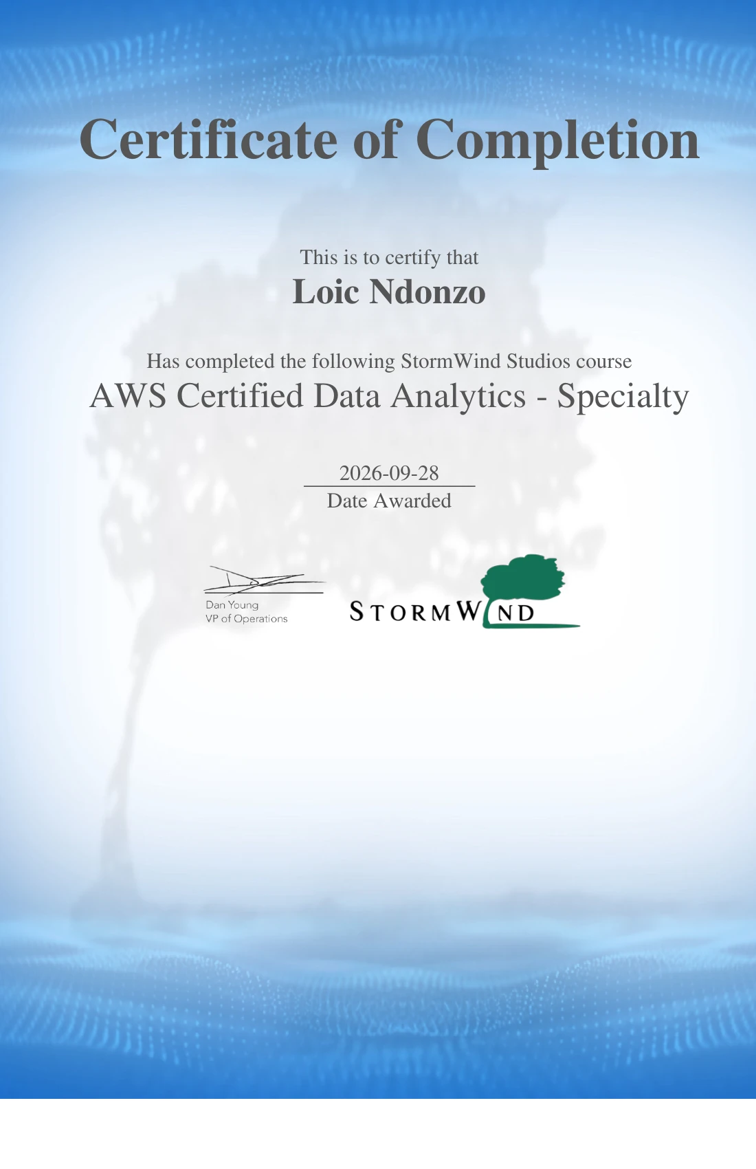 Certificate of completion for AWS Certified Data Analytics - Specialty, awarded to Loic Ndonzo