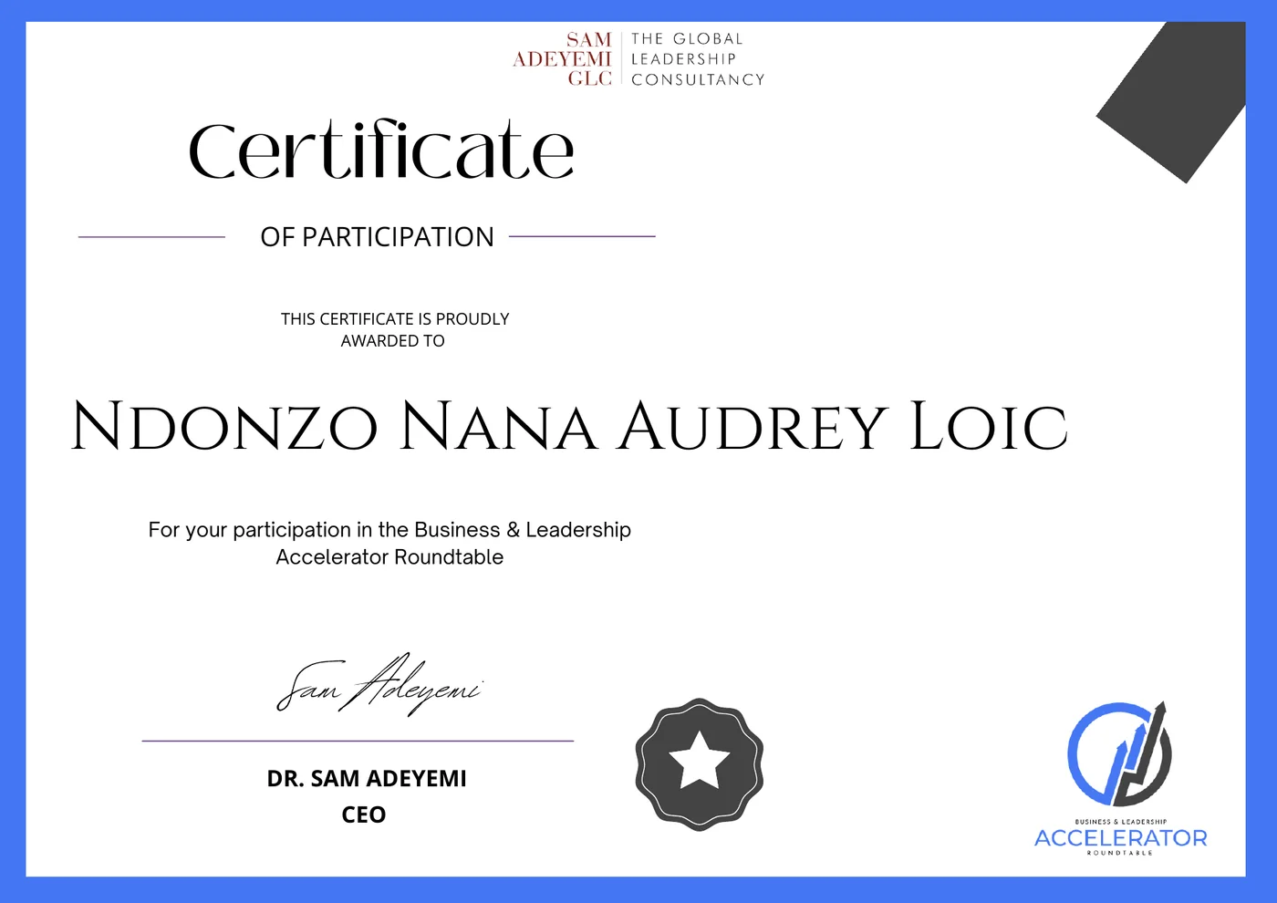 Certificate preview for Business & Leadership Accelerator Roundtable, issued to Ndonzo Nana Audrey Loic