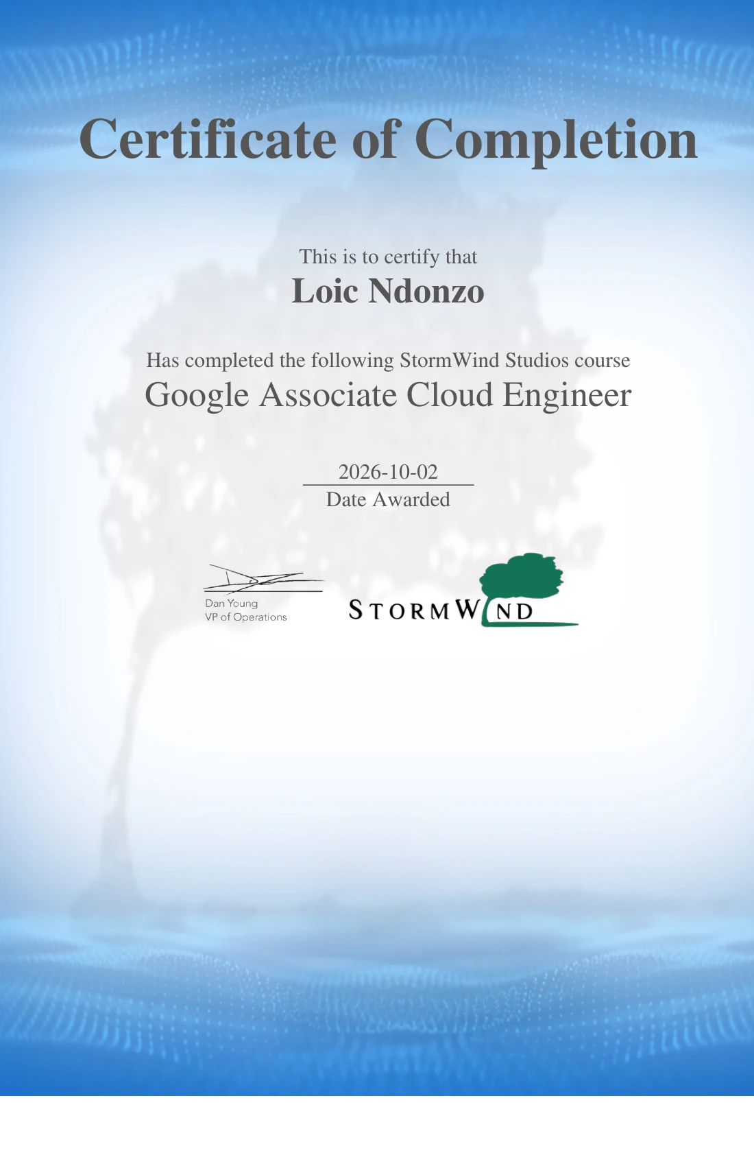Certificate of completion for Google Associate Cloud Engineer, awarded to Loic Ndonzo