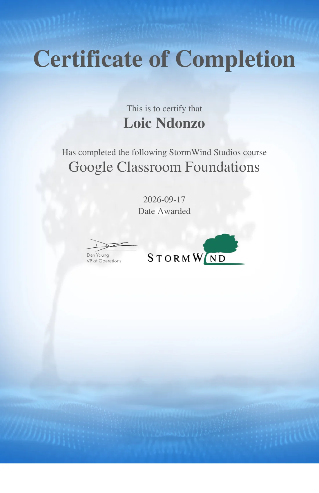 Certificate preview for Google Classroom Foundations