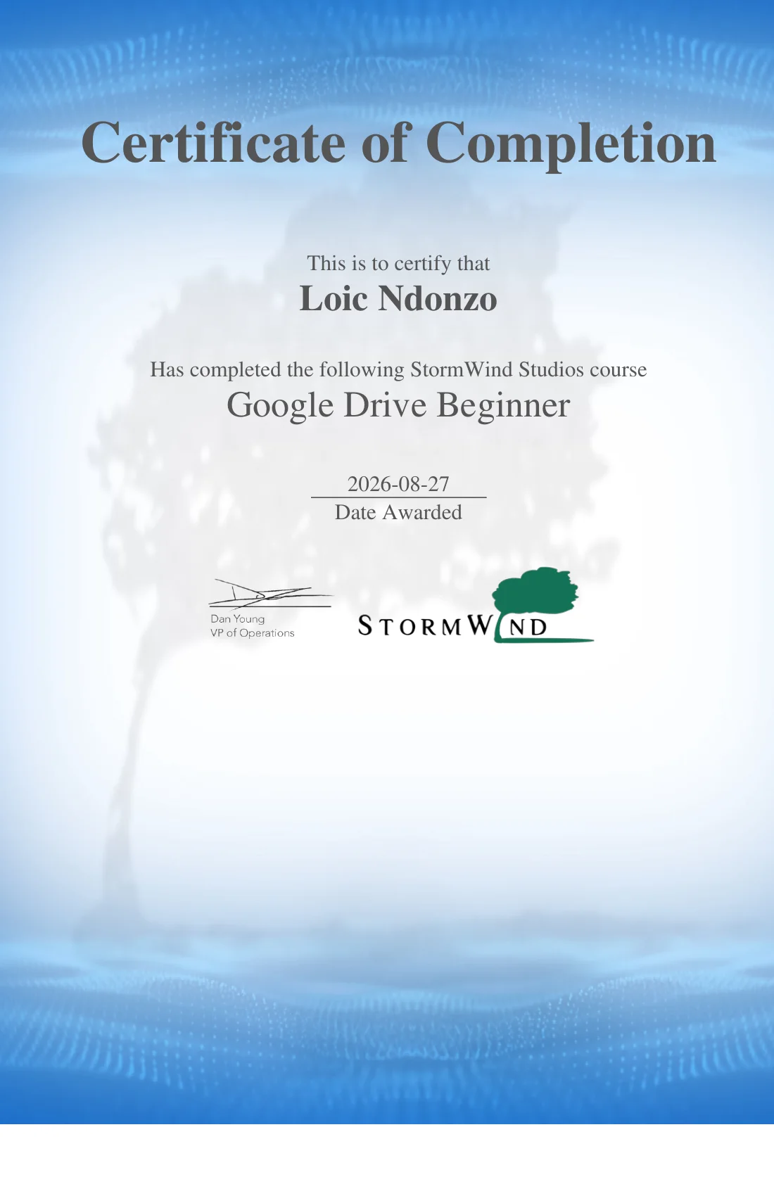 Certificate preview for Google Drive Beginner