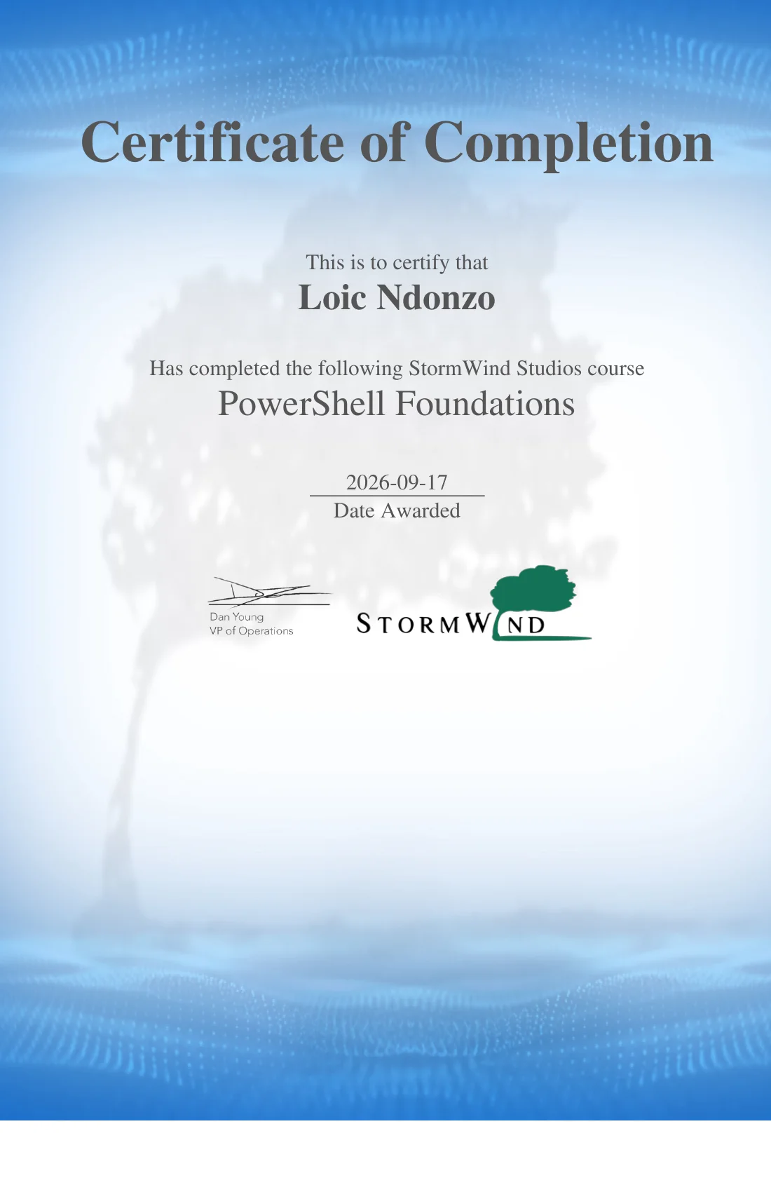 Certificate preview for PowerShell Foundations